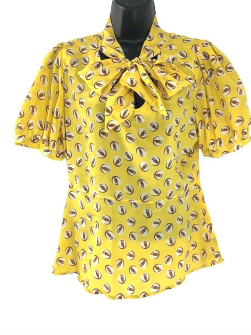 Anthropologie Yellow Silk Lemon Liftoff Blouse Owl Print Peplum Size 6 ASO Glee